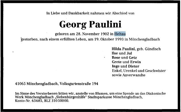 Paulini Georg 1902-1993 Todesanzeige